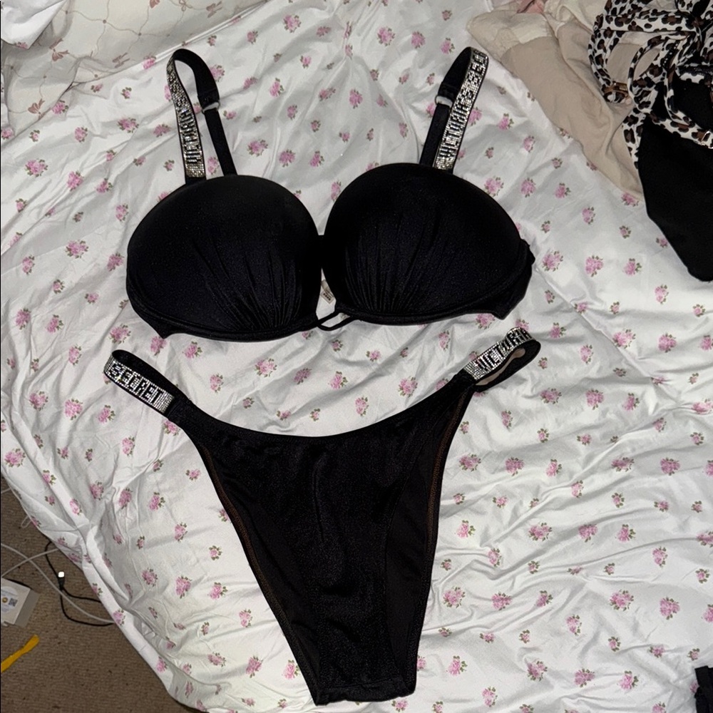 Victoria's Secret Black Push-Up Bikini set rhinestone bling